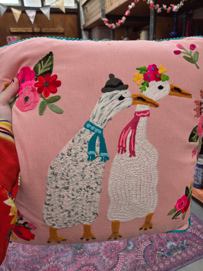 B-keuze kussen Only Natural canvas eenden en bloemen