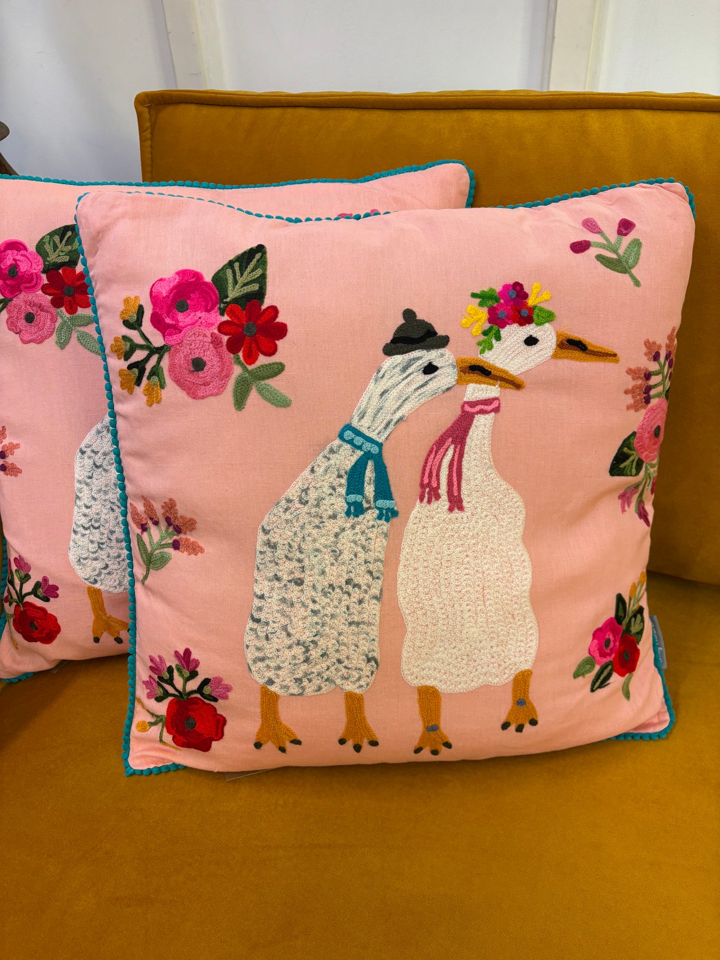 Kussen canvas eenden en bloemen