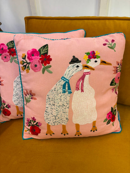 Kussen canvas eenden en bloemen